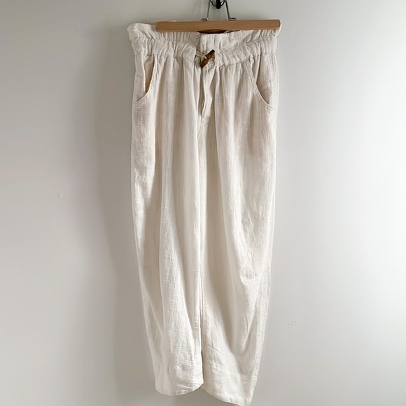 Free People Linen Cotton Blend Off White Cropped High Waist Trousers Pants XS - Picture 5 of 14